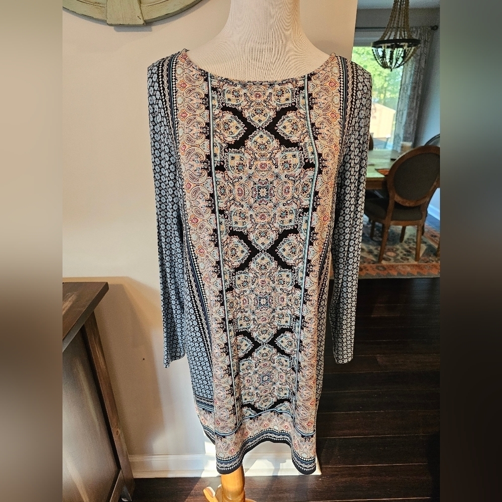 J. Jill •Size Medium• Damask Tunic Blouse Paisley Floral Print Long Sleeve